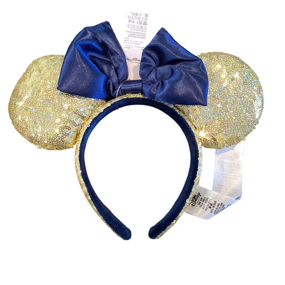 Disney Minnie Mouse Sequin Ears Headband Gold‎ Sparkle Sequin Blue Bow NWT